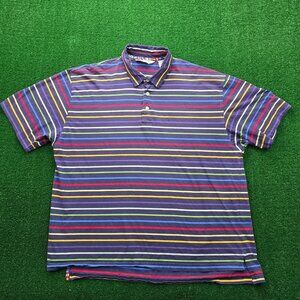 Orvis Mens Polo Shirt XL/2XL Blue Striped Short Sleeve‎ World Flags Golf Casual